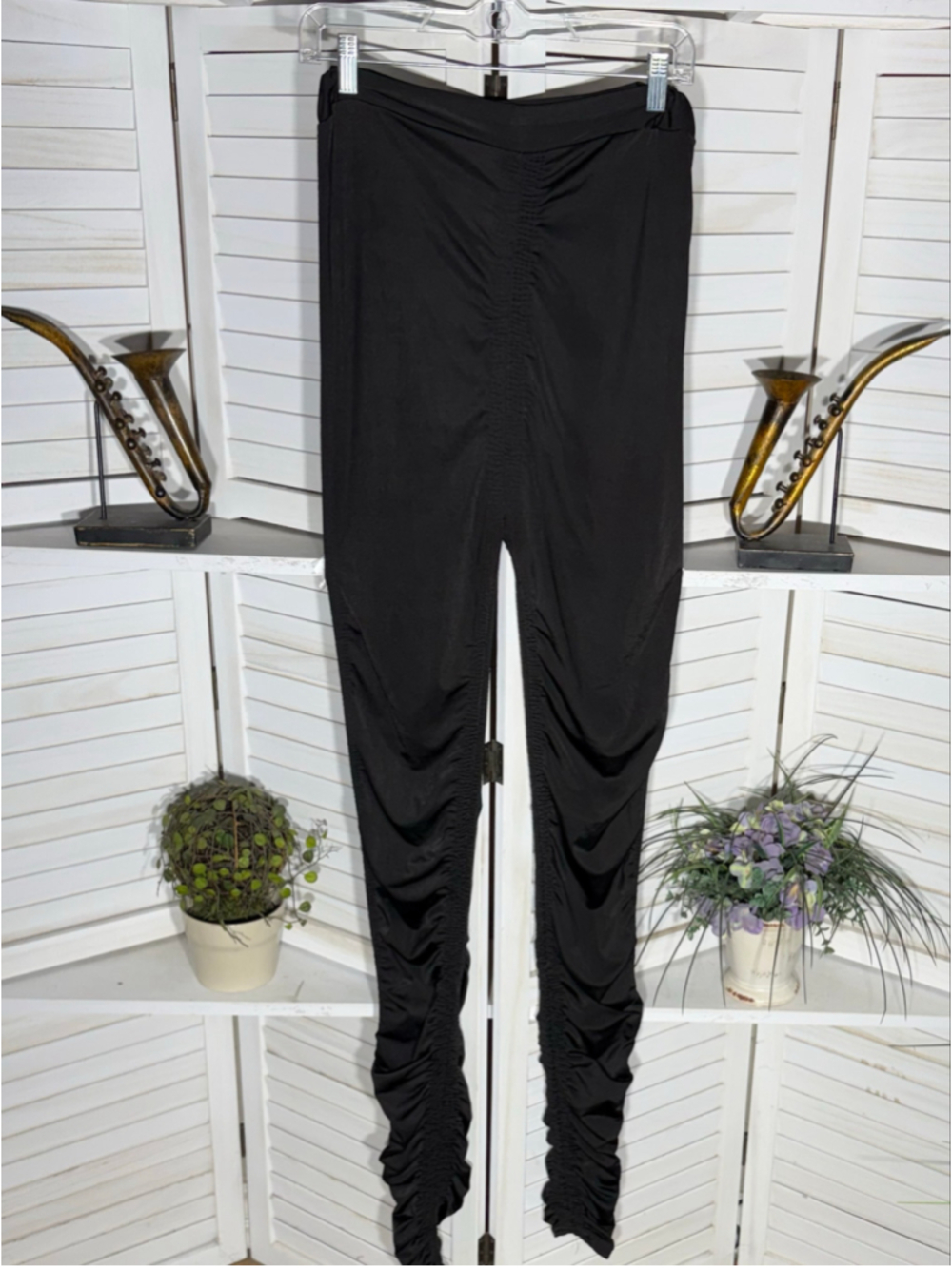 Vintage black high rise leggings pinched ruched gothic alt dancer whimsigoth L